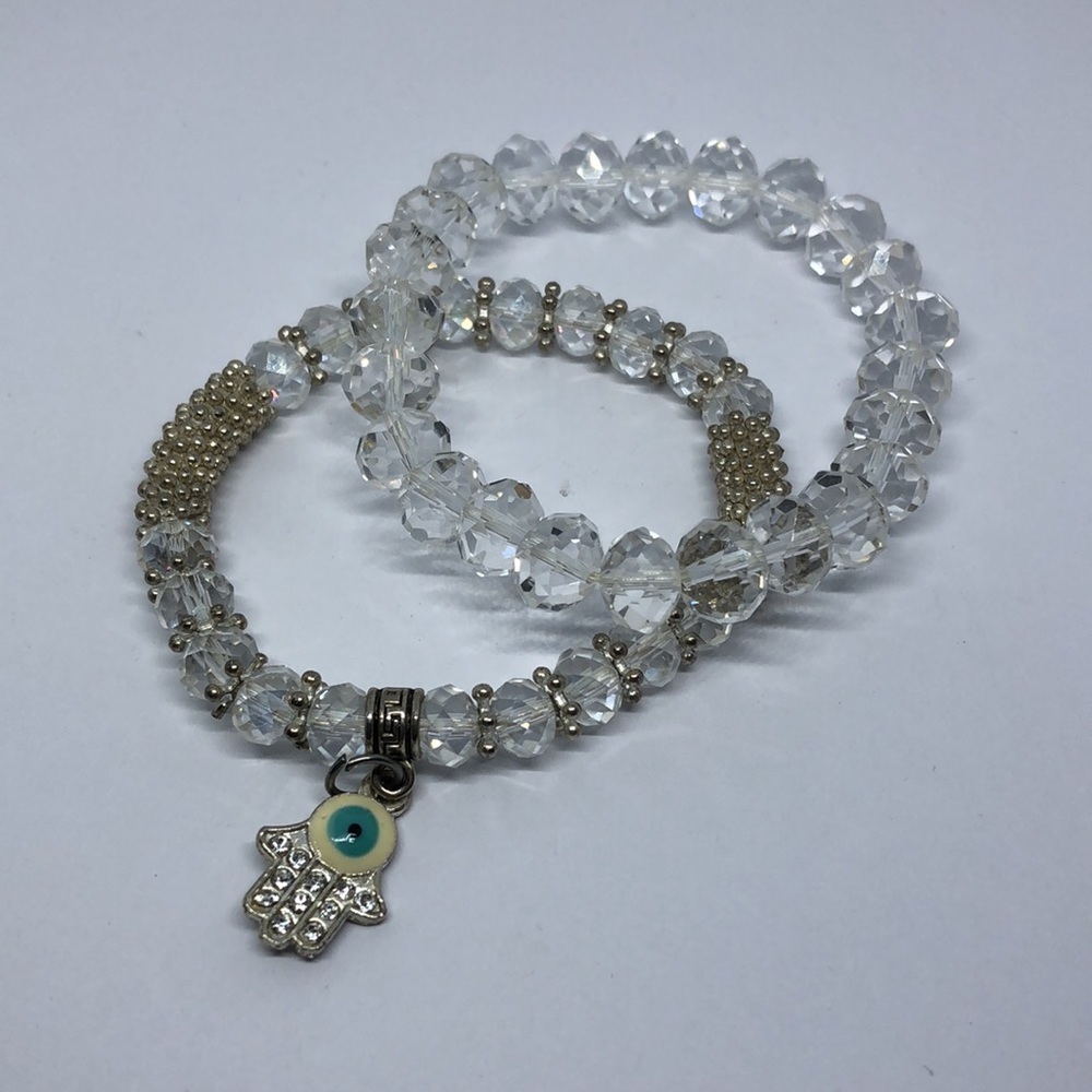 Curated Bundle 2 Sparkling Crystal Bracelets Hamsa Charm Boho Style Stackable 15$